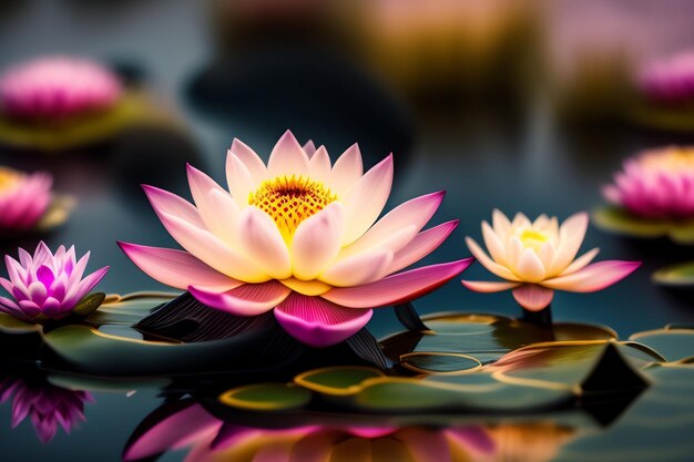 A pink and yellow lotus flower in a pond