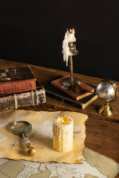 Free photo pirate artifacts arrangement still life