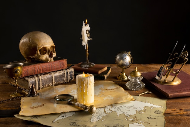 Free photo pirate artifacts arrangement still life