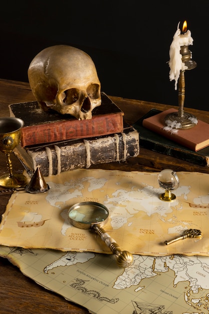 Free photo pirate artifacts arrangement still life