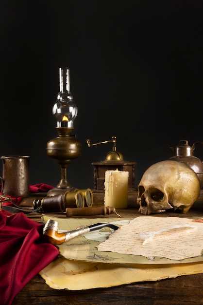 Free photo pirate artifacts arrangement still life