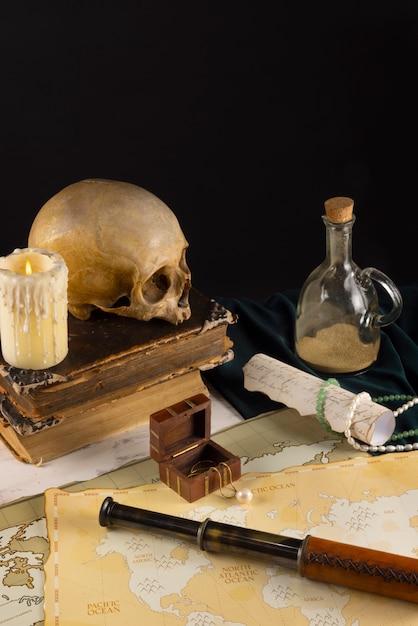 Free photo pirate artifacts arrangement still life