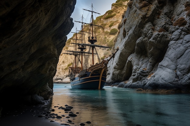 Бесплатное фото Пиратский корабль плывет по морю