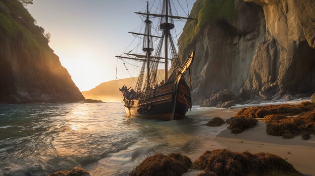 Pirate ship sailing on the sea