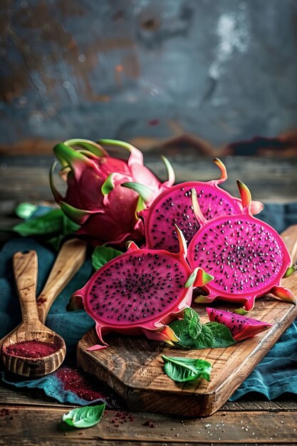 Foto gratuita pitahaya o frutta del drago natura morta in stile oscuro cinematografico