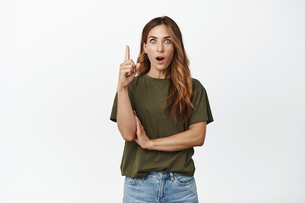 Pitching an idea. Thoughtful adult woman gasp, say plan, has suggestion, pointing finger up, eureka gesture, telling big news, standing against white background