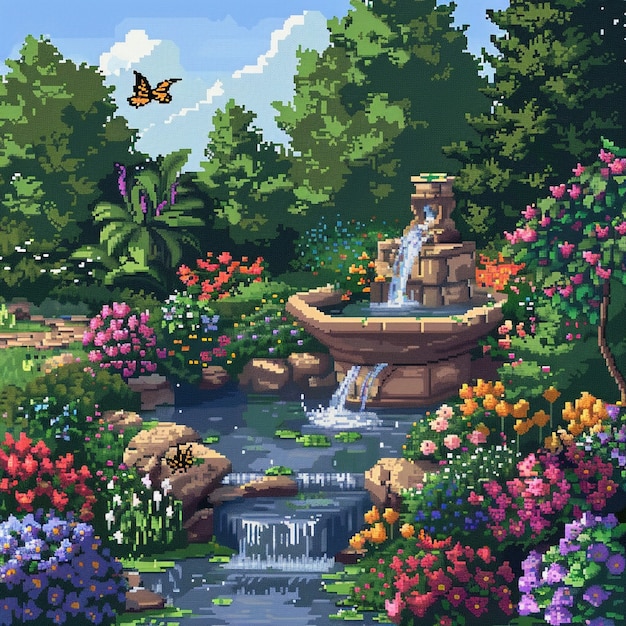 Бесплатное фото Иллюстрация цветочного сада в стиле пиксельного искусства