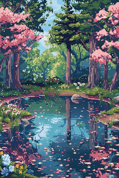 Иллюстрация цветочного сада в стиле пиксельного искусства