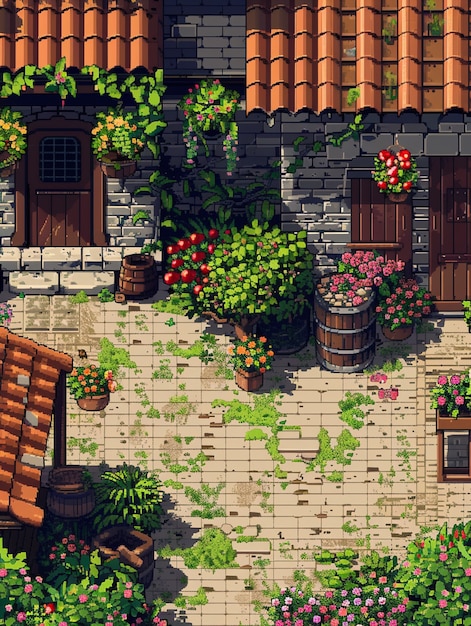 Бесплатное фото Иллюстрация цветочного сада в стиле пиксельного искусства
