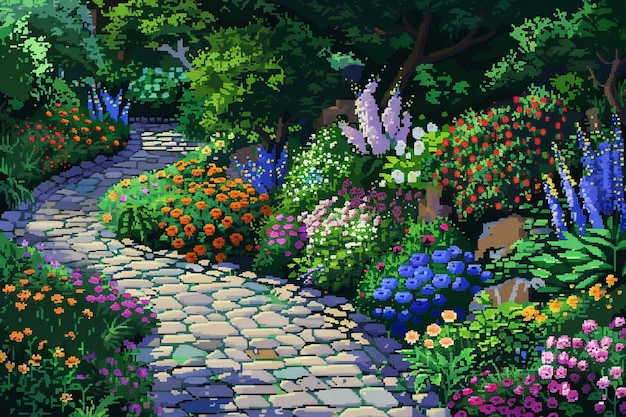 Foto gratuita illustrazione di giardino floreale in stile pixel art