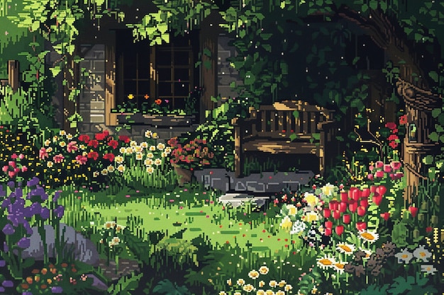 무료 사진 pixel art style floral garden illustration