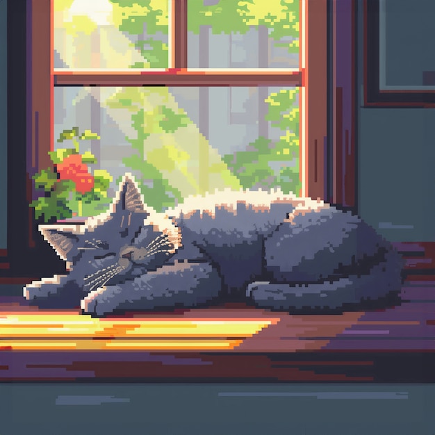 Pixel art style scene with adorable pet cat