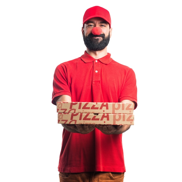 Free photo pizza delivery man doing a joke