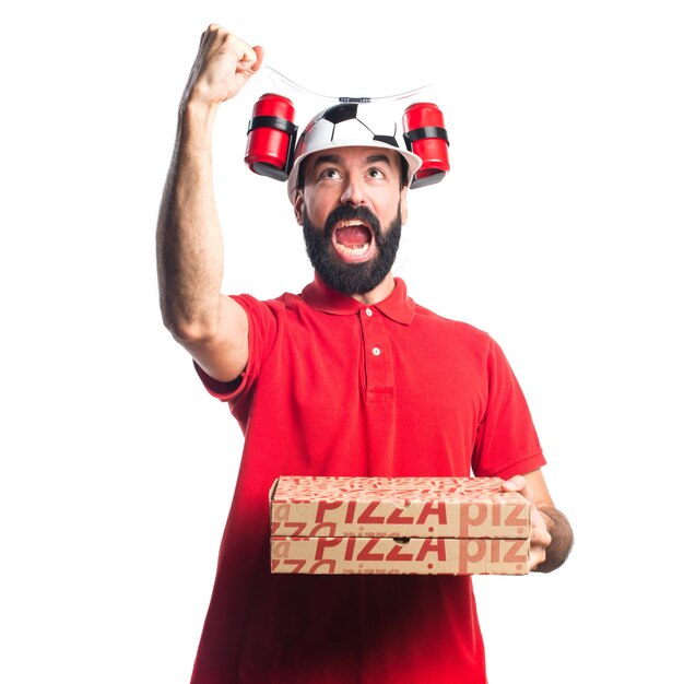 Pizza delivery man doing victory gesture