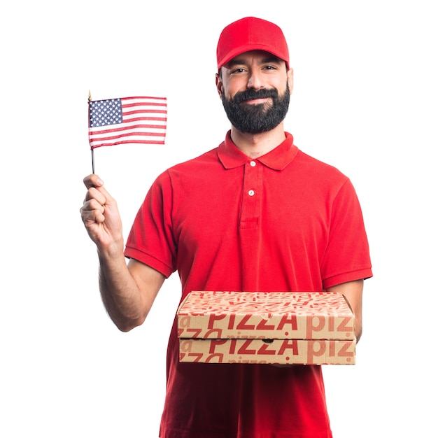 Pizza delivery man holding an american flag