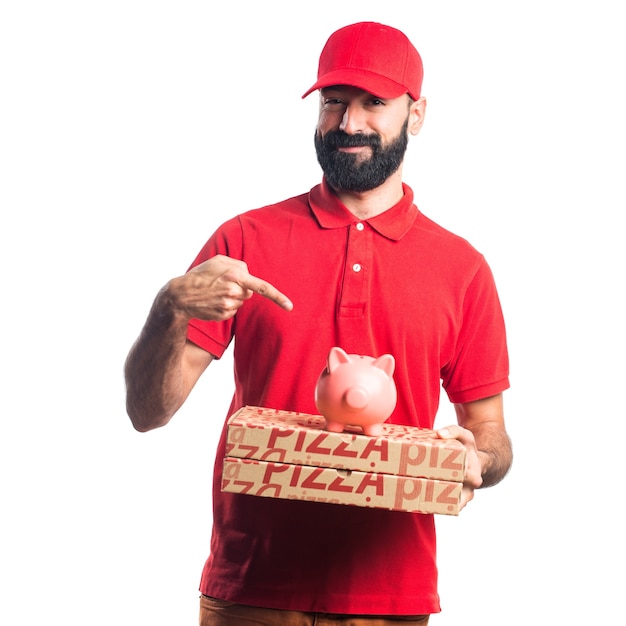 Free photo pizza delivery man holding a piggybank