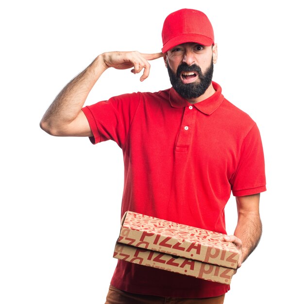 Pizza delivery man making crazy gesture