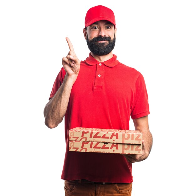 Pizza delivery man pointing up