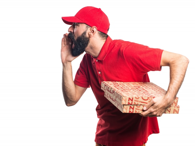 Foto gratuita uomo di consegna pizza gridando