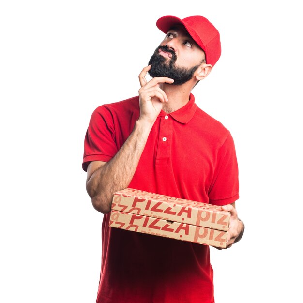 Pizza delivery man thinking