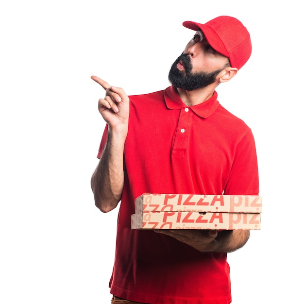 Free photo pizza delivery man thinking
