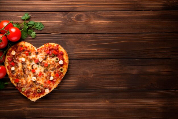 пицца в форме сердца на День святого Валентина на белом деревянном фоне с копировальным пространством