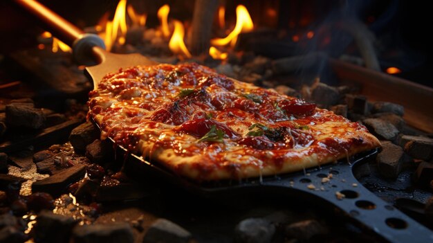 Pizza on the grill with fire in the background closeup