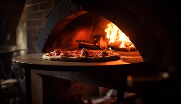 Free photo a pizza is being baked in a wood - fired oven.