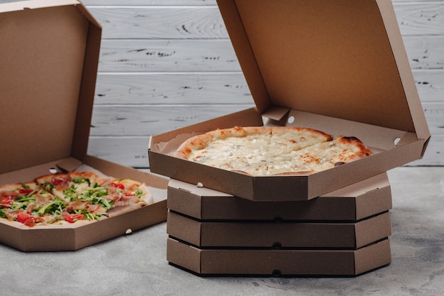 Pizza in packs, concept of food delivery