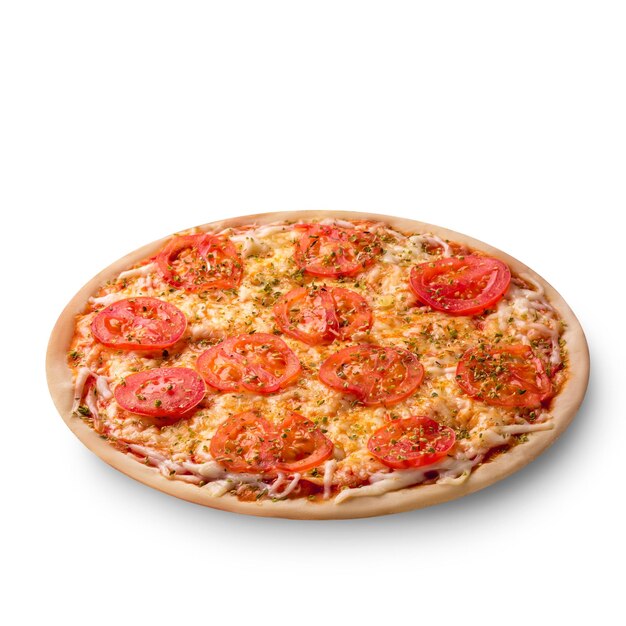 白い背景で隔離のチーズとトマトのピザ。ピザマルゲリータの上面図。メニューの写真