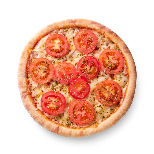 Пицца с сыром и помидорами, изолированные на белом фоне. Пицца маргарита вид сверху. Фото для меню
