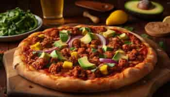 Free photo a pizza with meat, avocado, and red sauce sits on a table next to a glass of beer.