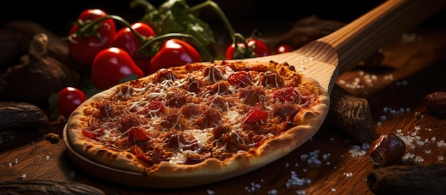 Pizza with meat and tomato sauce on a wooden table with ingredients