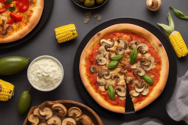 Free photo a pizza with mushrooms and cheese on a black table