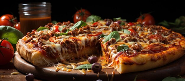 木の板にサラミとモッツァレラチーズのピザ
