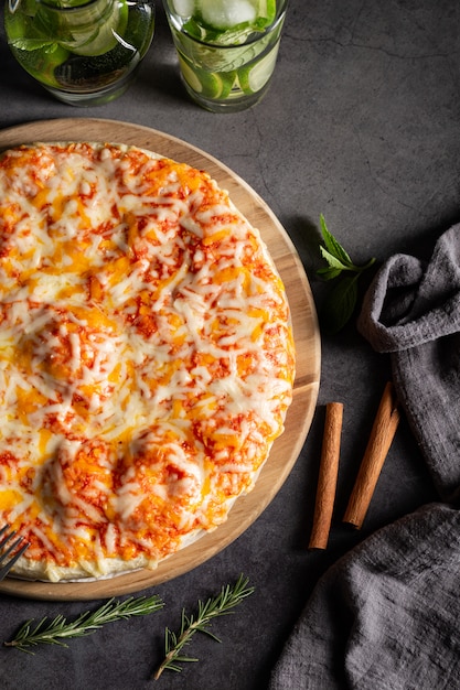 pizza on wooden plate