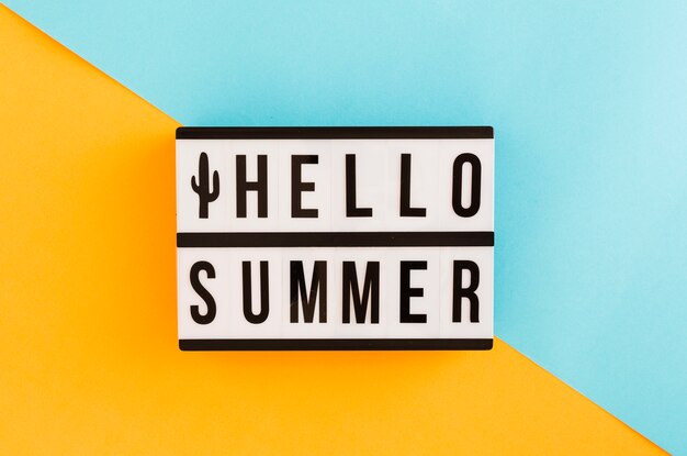 Placard with summer text on colorful background