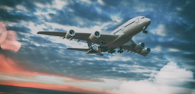 Самолет и небо. 3d визуализация и иллюстрации. Premium Фотографии