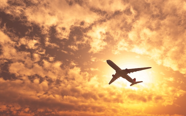 Plane passing by the sun on a cloudy day