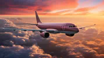 Free photo planes wing cuts through a sky of cotton candy clouds during a radiant sunset