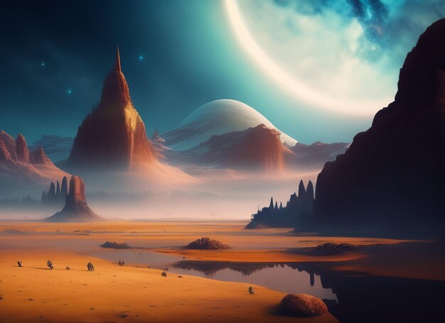 A planet with mountains and a planet in the background