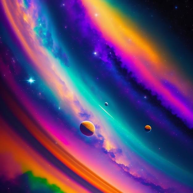 Foto gratuita pianeti in una galassia con uno sfondo arcobaleno