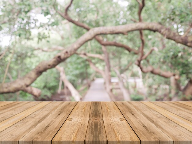 Planks with blurred trees