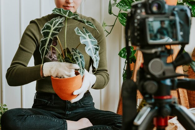 自分が植えているビデオを撮影している植物ブロガー