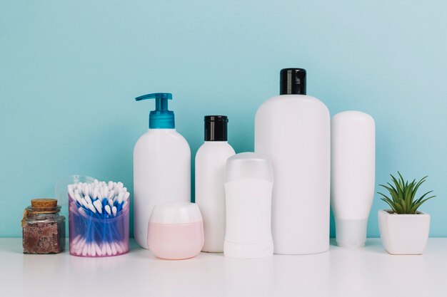 Plant and cotton swabs near cosmetics bottles
