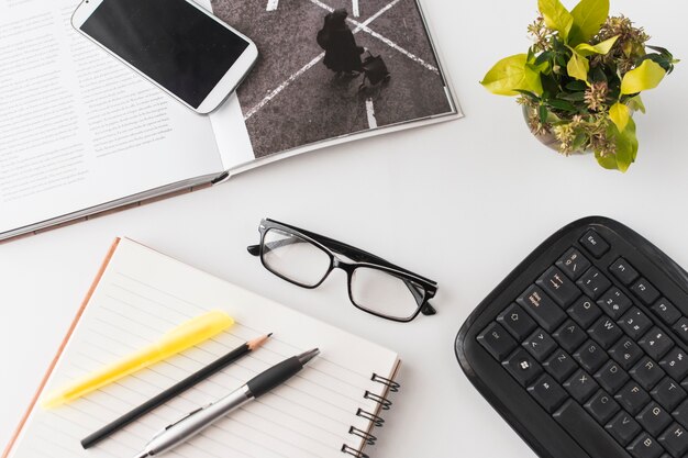 Plant and glasses near devices and stationery