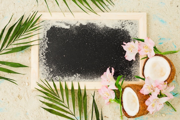黒板の近くの砂の中でココナッツと花の近くの植物の葉