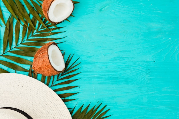 신선한 코코넛과 모자와 식물 잎