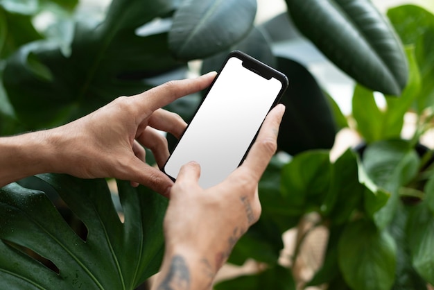 Plant parent using smartphone with blank screen