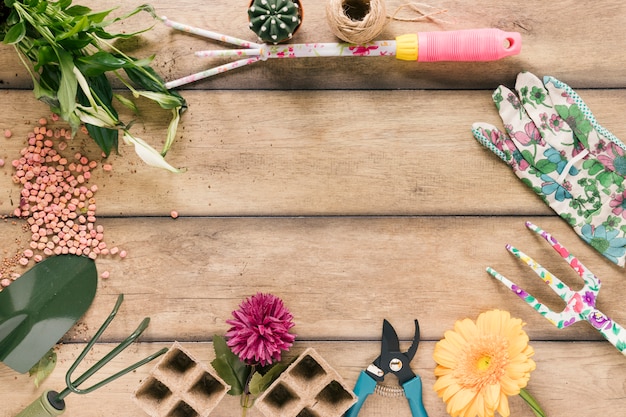 Plant; peat tray; pruner; string; flower; glove; showel; rake and seeds on brown wooden table